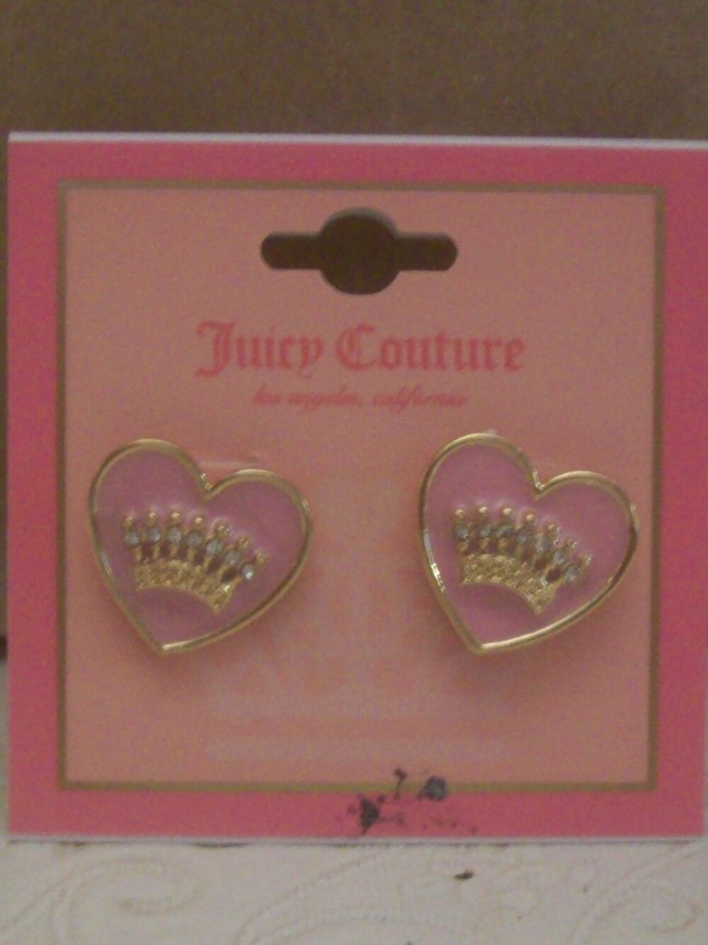 Juicy Couture Gold Tone Heart Stud Earrings with Crown and CZ, Pink/Gold, New